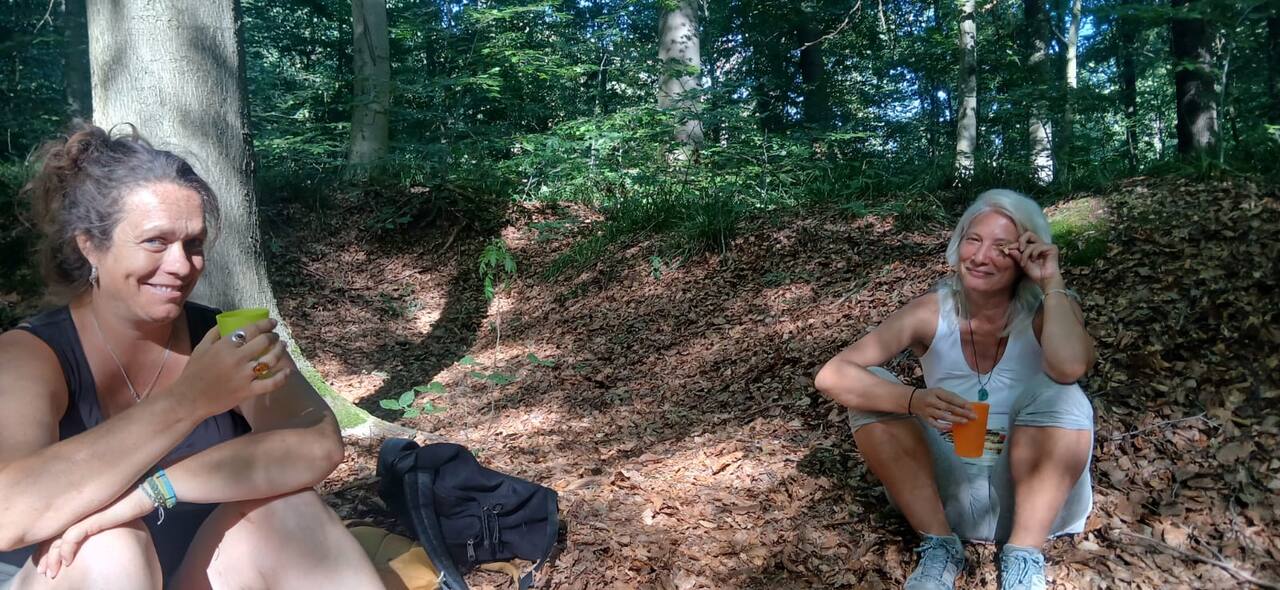 Collègues partageant un moment convivial en forêt