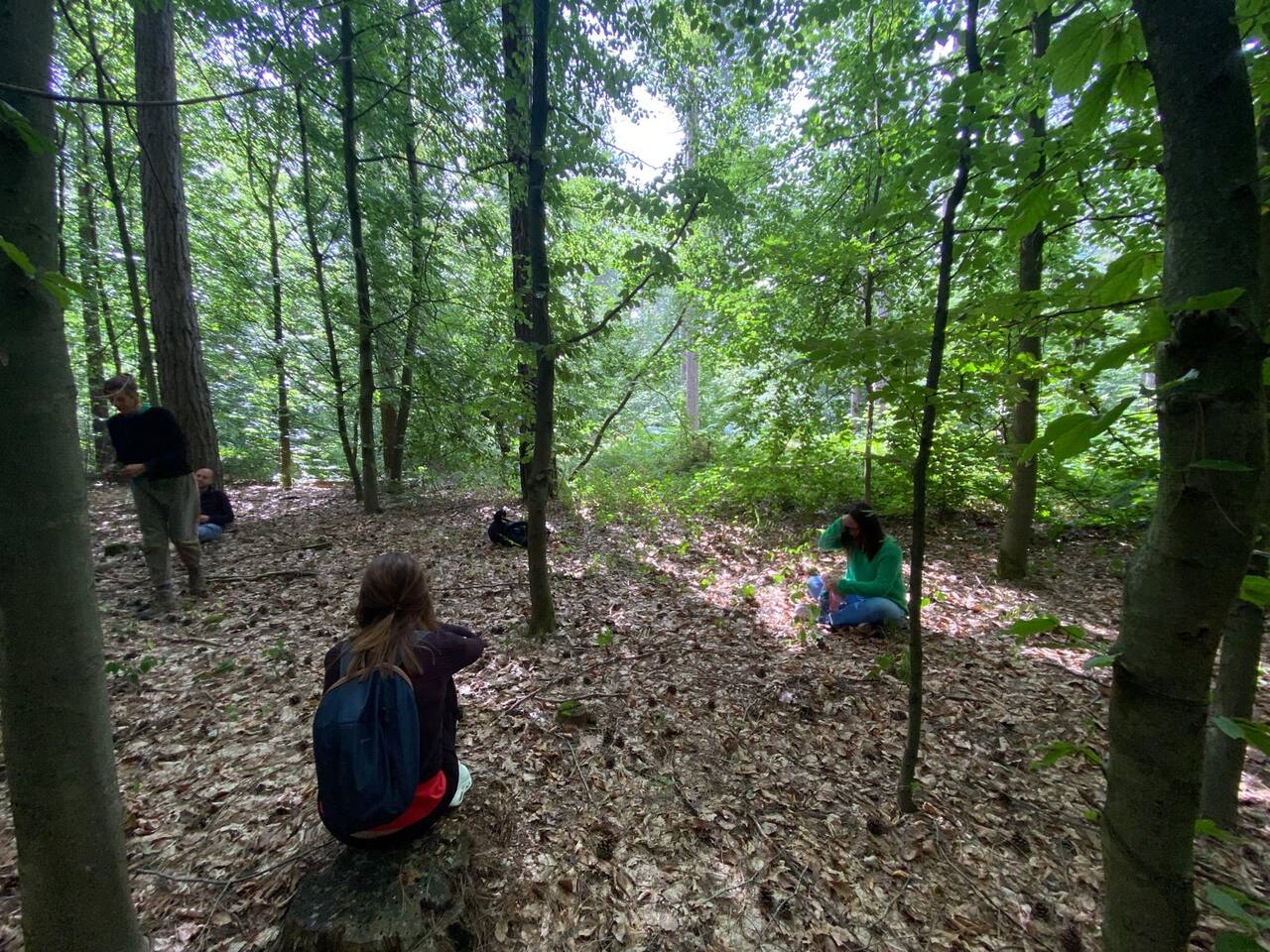 Adulte allongé au sol en forêt, temps de repos et d'ancrage