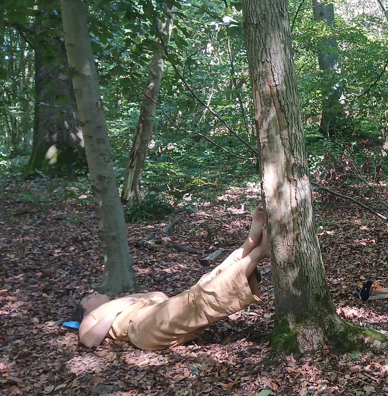 Adulte en posture de repos, jambes surélevées contre un arbre